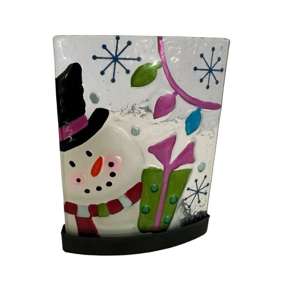 Holiday Tealight Candle Holder Christmas Snowman Glass Metal Decorations - Picture 1 of 8